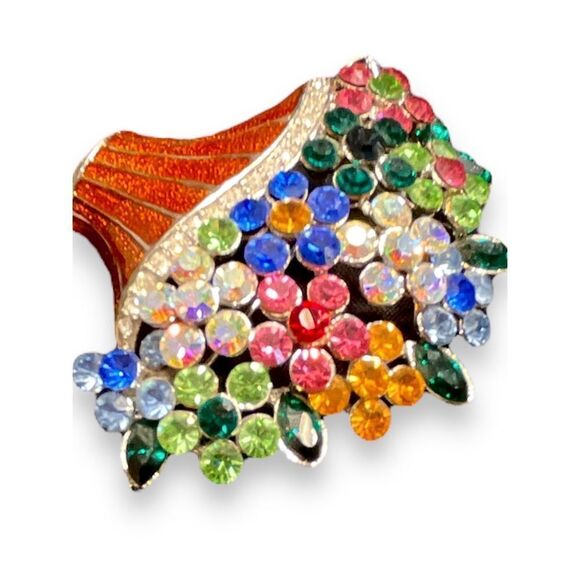 Silver Tone Flower Bouquet Colorful Rhinestone Enamel Basket Brooch Pin - Picture 2 of 4